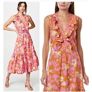 Warm Sierra Dress Clay Floral Print Sleeveless Tiered Midi Pink Orange Size S